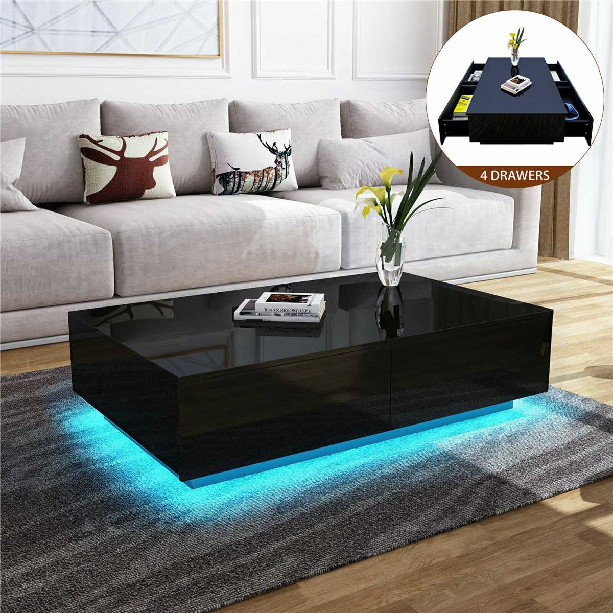 RGB LED Tea Table End Table For Home Office Coffee Table Wooden 4 Drawers Magazine Shelf Sofa Side Table