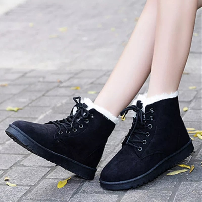 Women Winter Snow Boots Warm Flat  Platform Lace Up Ladies Womens Shoes New Flock Fur Suede Ankle Boots Female