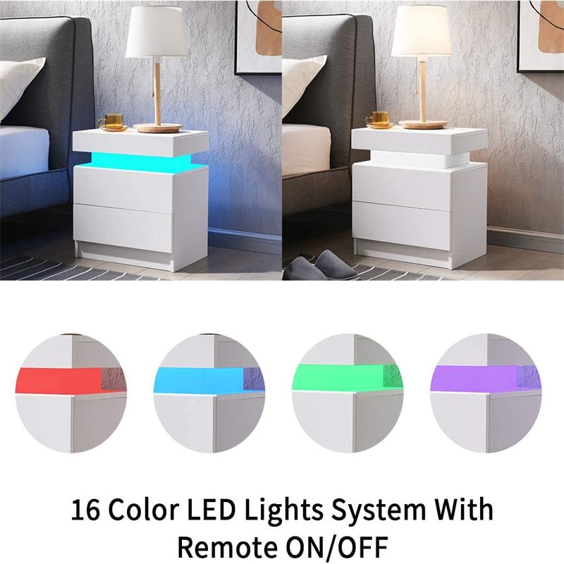 RGB LED Light Nightstand Bedside Table Cabinet With Drawer Home Bedroom Black High Gloss Finish Storage Organizer US Stock