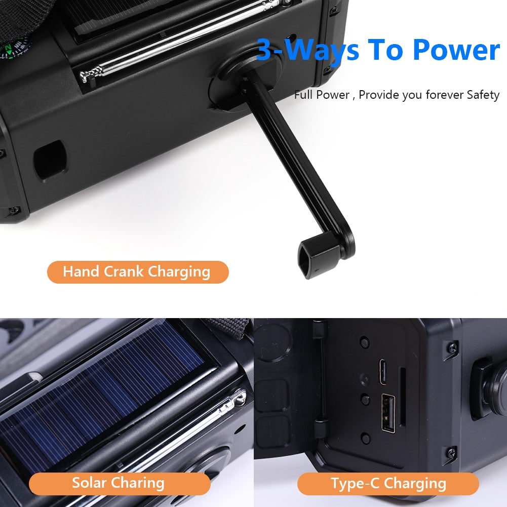 10000mAh Emergency Solar Power Radio Hand Crank Dynamo Wind Up Phone Charger Bank SOS AM/FM/NOAA Pocket Flashlight Radio