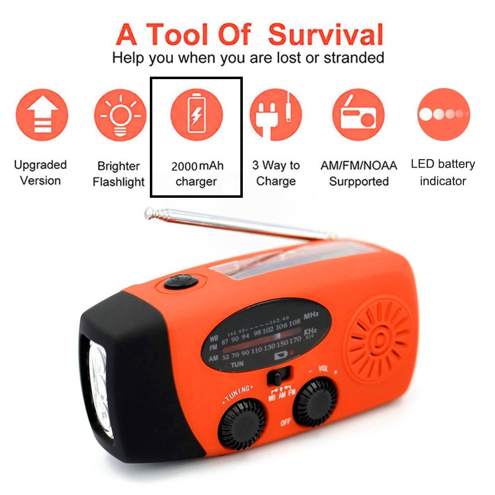 10000mAh Emergency Solar Power Radio Hand Crank Dynamo Wind Up Phone Charger Bank SOS AM/FM/NOAA Pocket Flashlight Radio