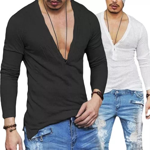 Fashion Mens Casual V-Neck Long Sleeve Shirts Slim Fit T-Shirt Tops Casual Tee