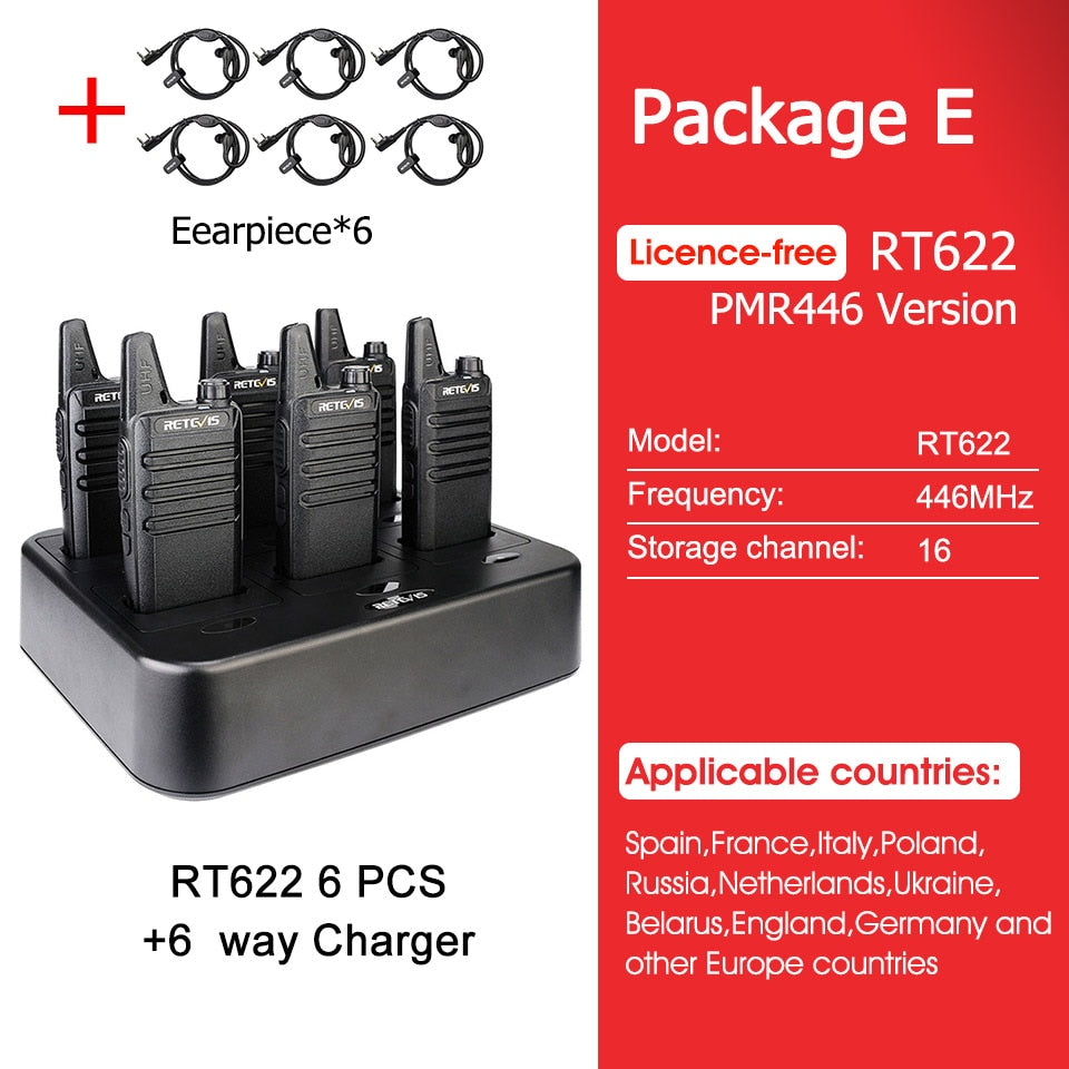 Mini Walkie Talkie 6 pcs Retevis RT622 PMR Walkie-talkies Professional PTT Two-way Radio FRS Two Way Radio RT22 Hotel Restaurant