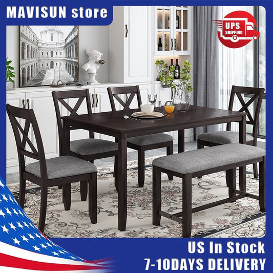 Kitchen Dining Set 6-Piece Black 4 Dining Chairs And Bench Home Family Furniture For 6 People Wooden Rectangular Dining Table