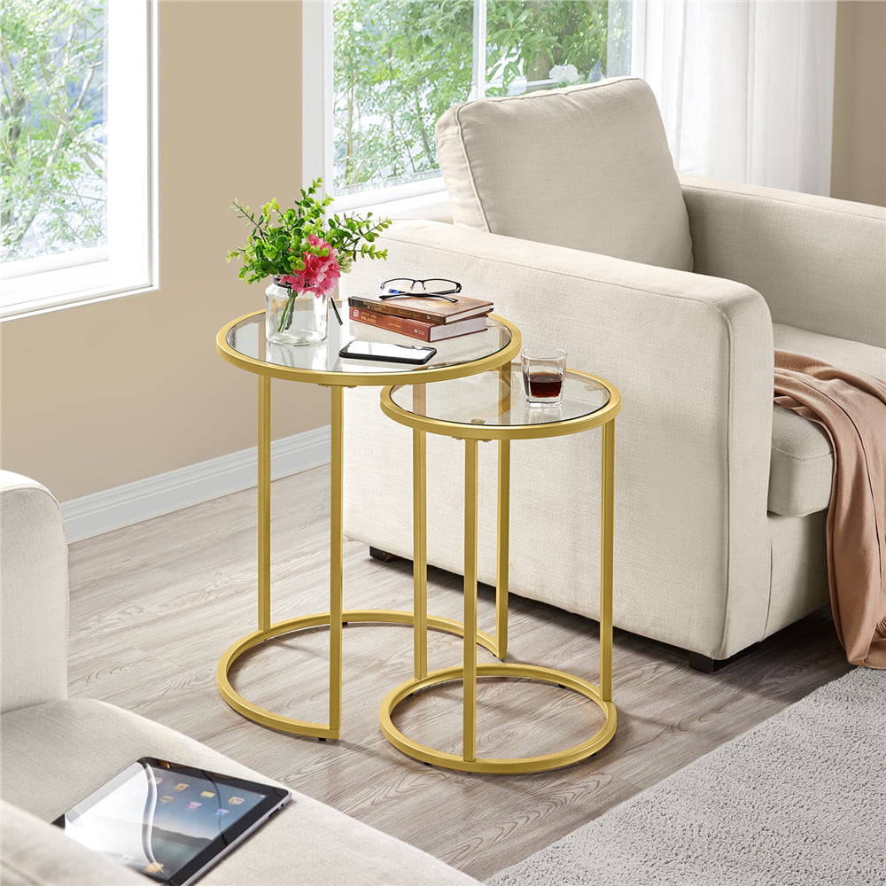 Round Metal Nesting End Table Set of 2 with Glass Top for Living Room