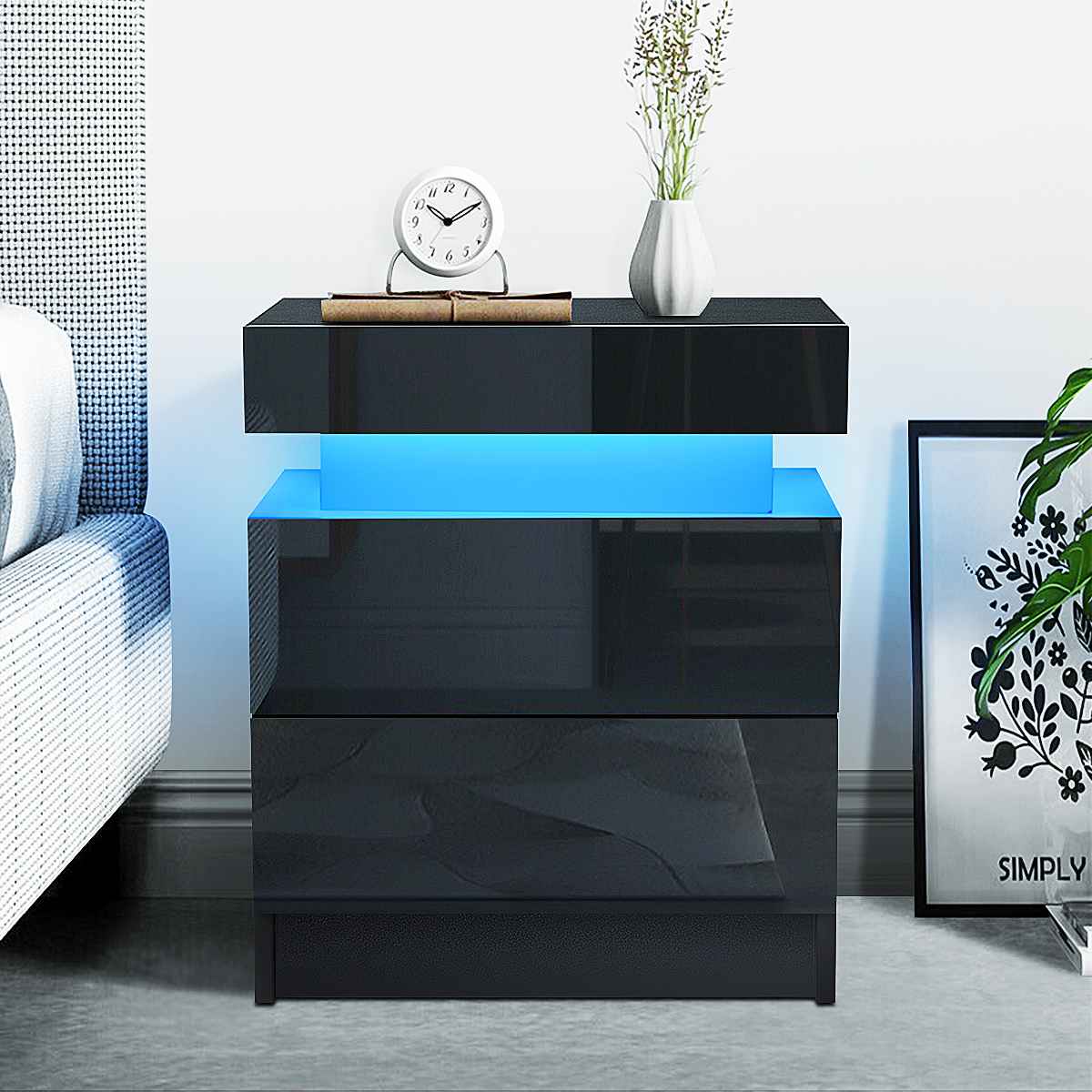 RGB LED Light Nightstand Bedside Table Cabinet With Drawer Home Bedroom Black High Gloss Finish Storage Organizer US Stock