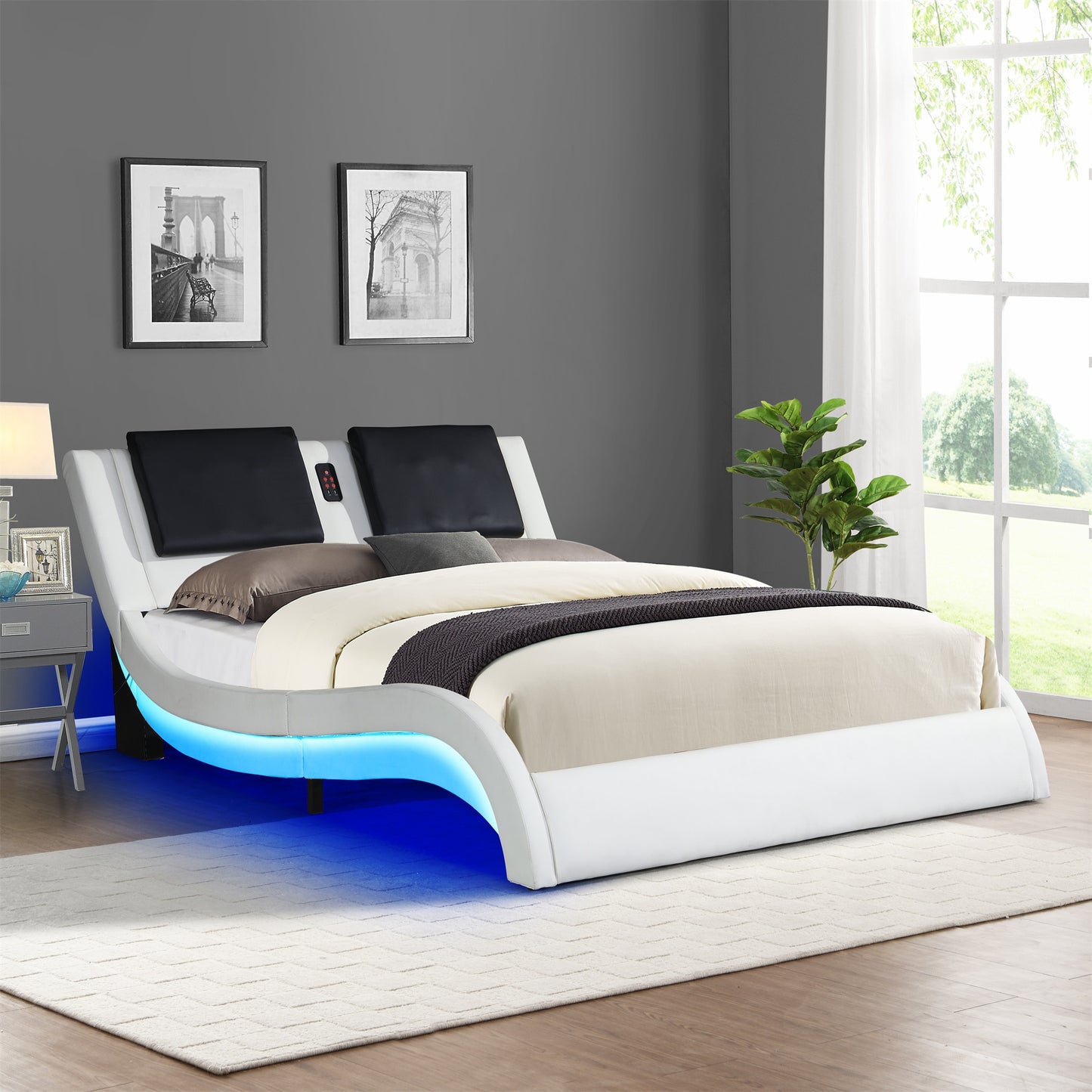 King/Queen Faux Leather Upholstered Platform Bed Frame W/Led Bluetooth Connection Play Music Control Backrest Vibration Massage