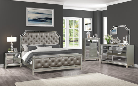 Harmony Full 6 PC Mirror Front Bedroom set made with Wood in Silver Color  Bedroom Furniture Set