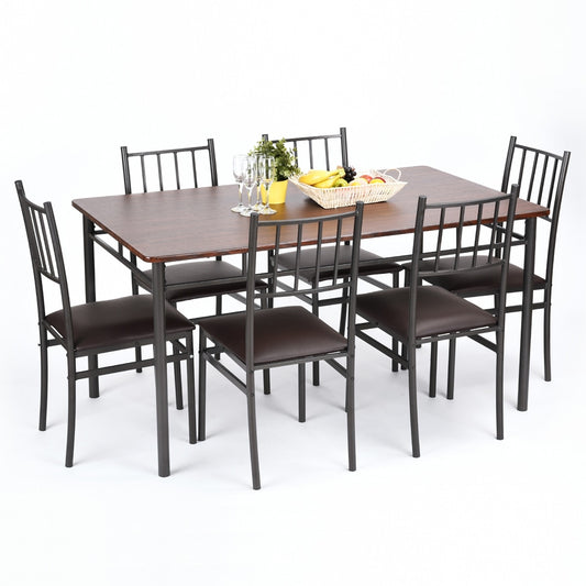 7 Piece Dining Set 1 Wood Metal Table and 6 Chairs Kitchen Breakfast Furniture Walnut