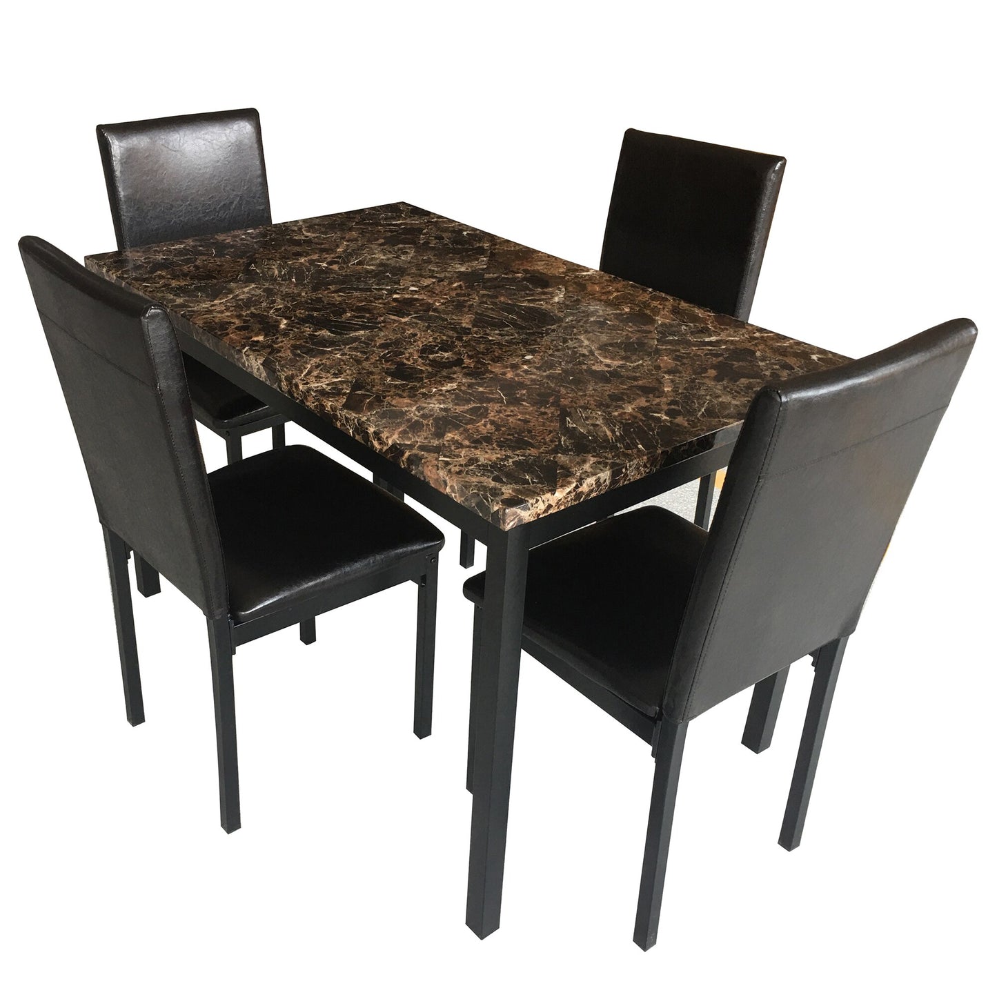 Furniture 5 Piece Metal Dinette Set Include 1 Faux Marble Top Dining-Table+4 Black Dining Chair Seats